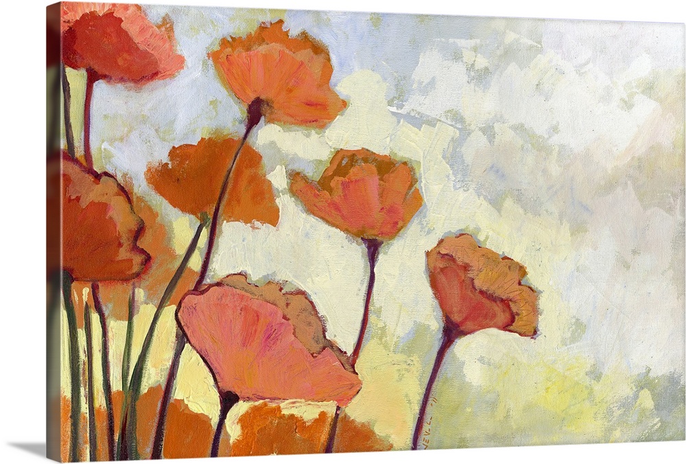 Orange and peach colored flowers are painted against a soft yellowish background.