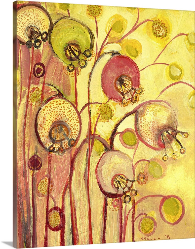 Contemporary, abstract, and whimsical painting of flowers and buds.