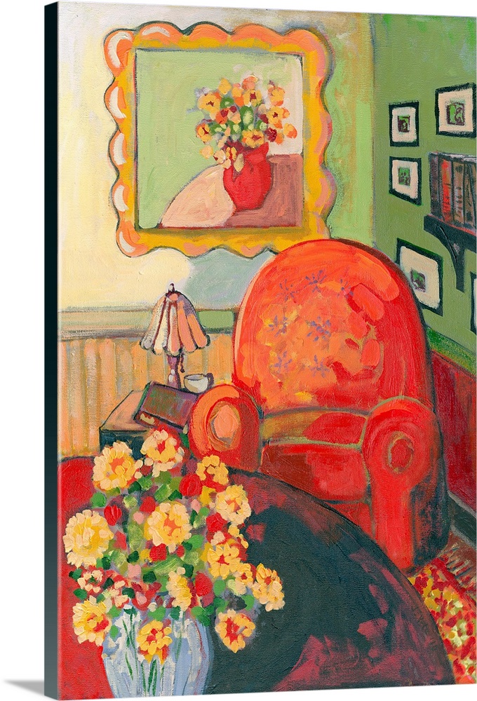 A contemporary painting of a large red arm chair that sits next to a small table with a lamp and book on it. A table of fl...