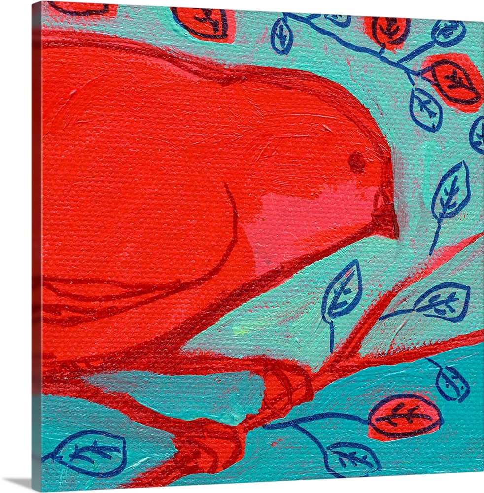 Oversized square painting of a large red bird perched on a branch, surrounded by illustrated, small leaves.