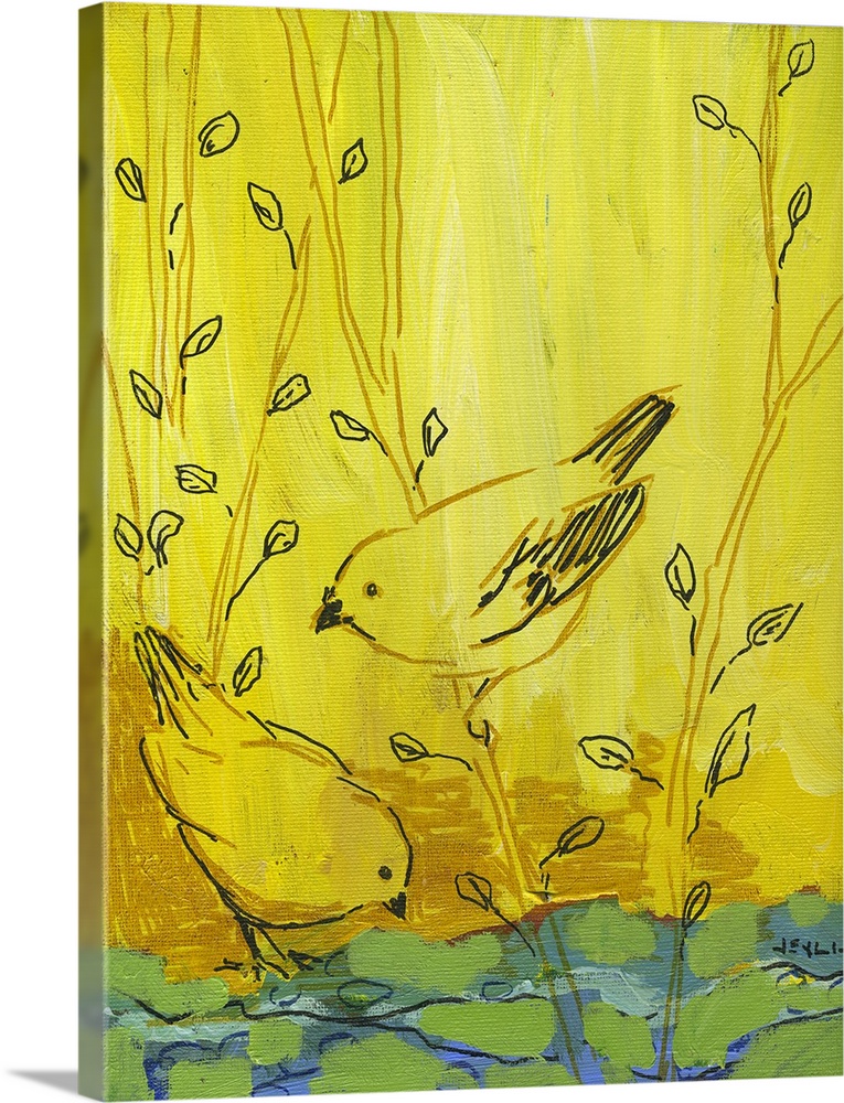 Cute contemporary illustration of two small backyard perching birds exploring leafy twigs in bright, springtime colors.