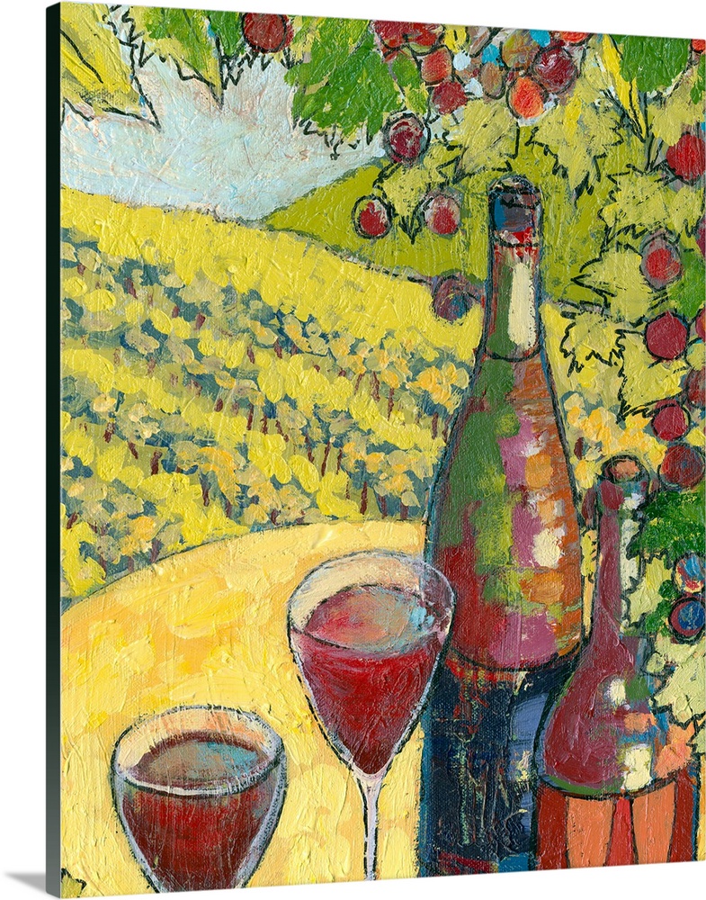 Portrait, large painting of wine country in Oregon, two bottles and glasses of wine sit below braches of grapes on the vin...