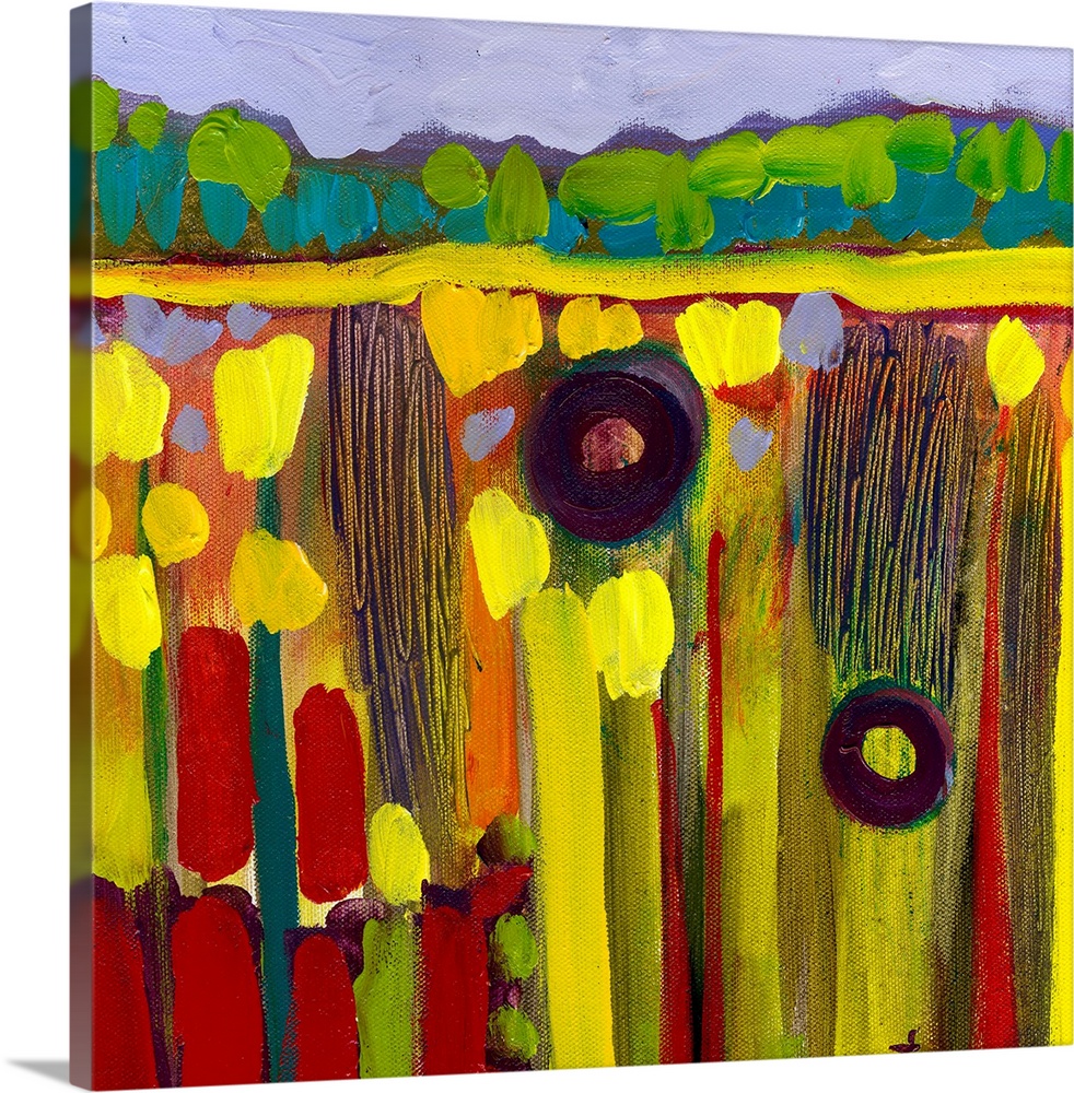 Square, large abstract painting of lush fields of the Skagit Valley of Northwest Washington, a line of trees on the distan...