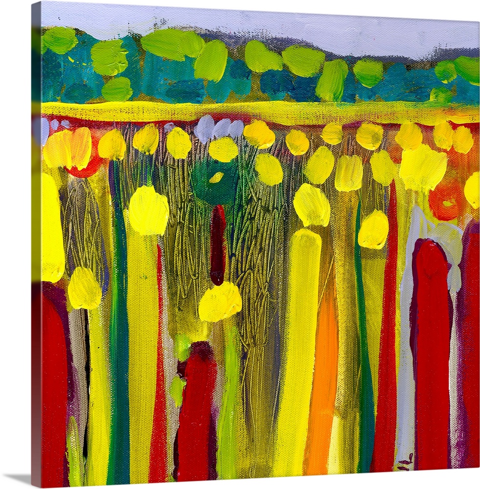 Large contemporary art depicts an open field of flowers in the foreground contrasted by rolling hills bordered by a tree l...