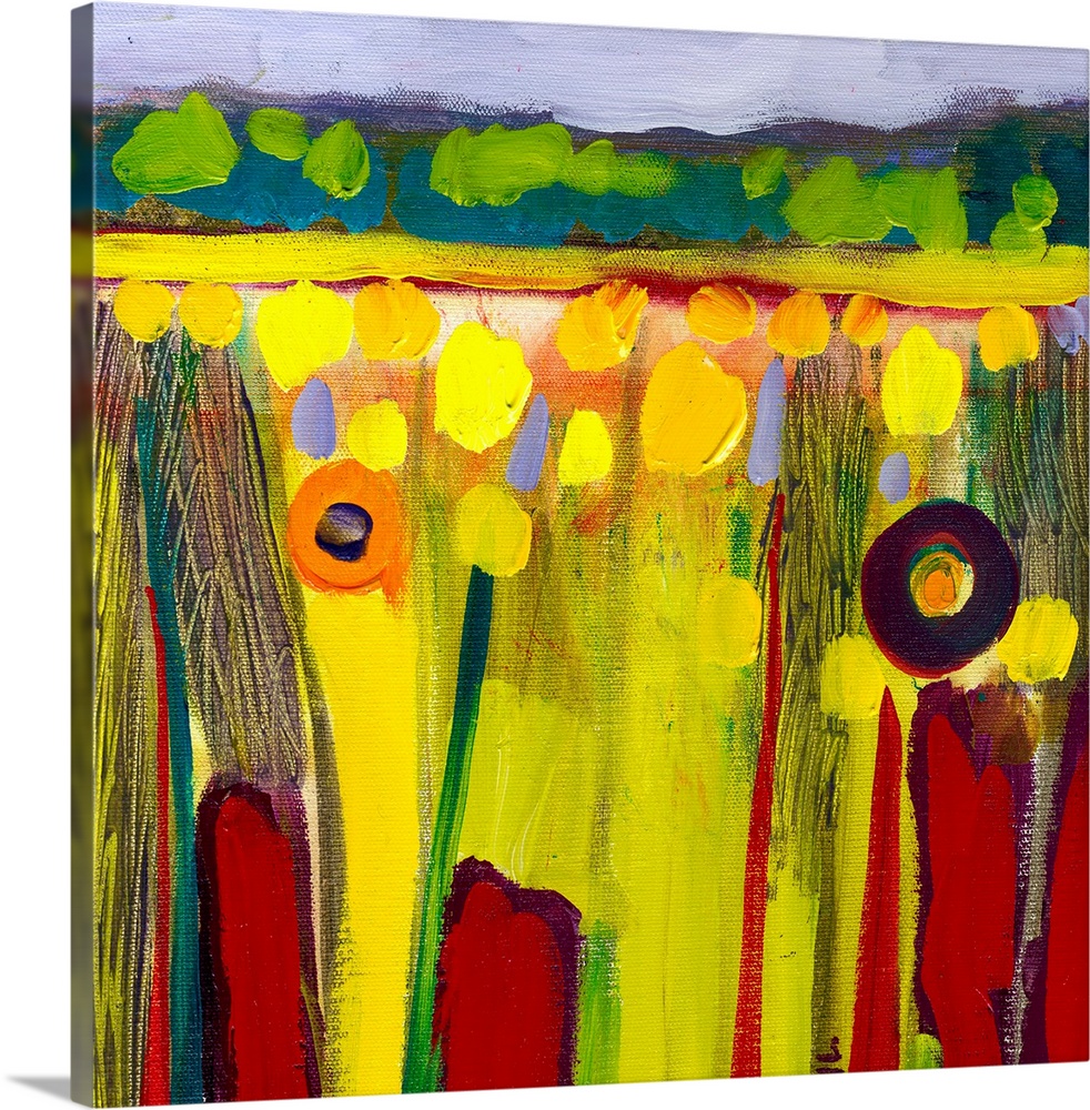 Big, square abstract painting of bright , circular flowers in the lush fields of the Skagit Valley of Northwest Washington.