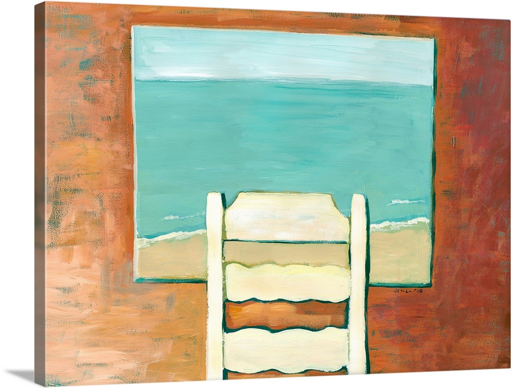 Contemporary painting of a ladder back chair facing an open window, looking out onto the beach and ocean below.