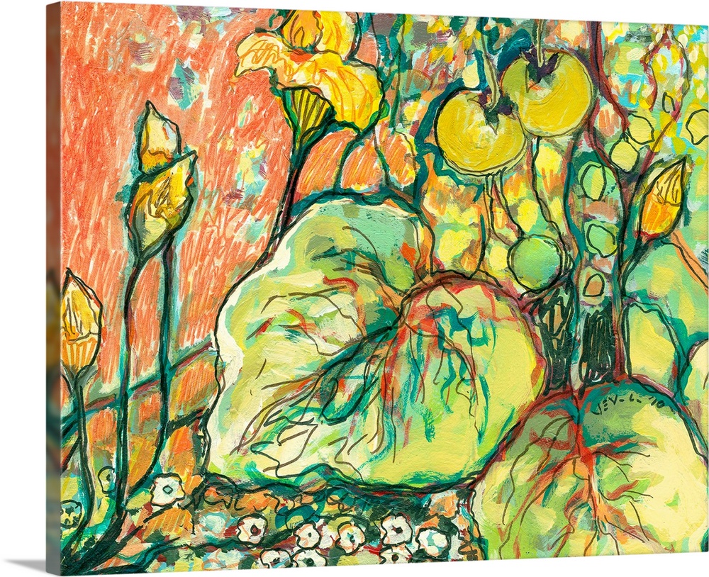 Large abstract painting on canvas of vegetables growing in a garden with flowers at the bottom.