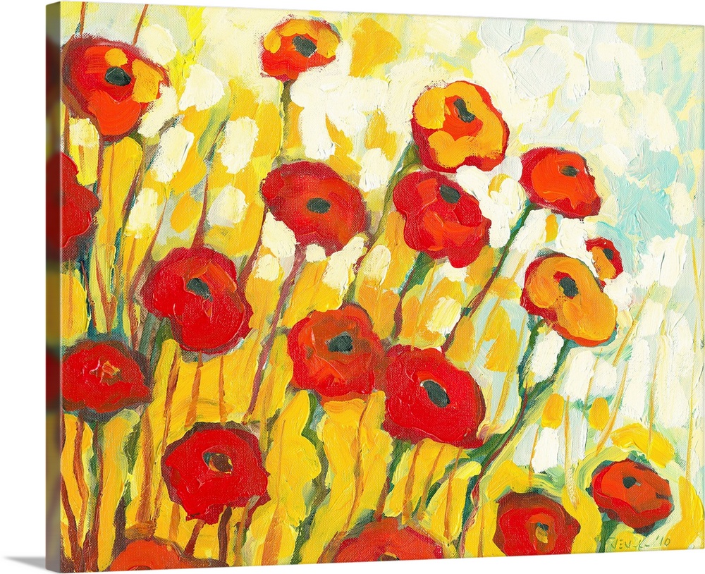 Boldly colored contemporary painting of poppy blossoms with abstract background made of brush strokes.
