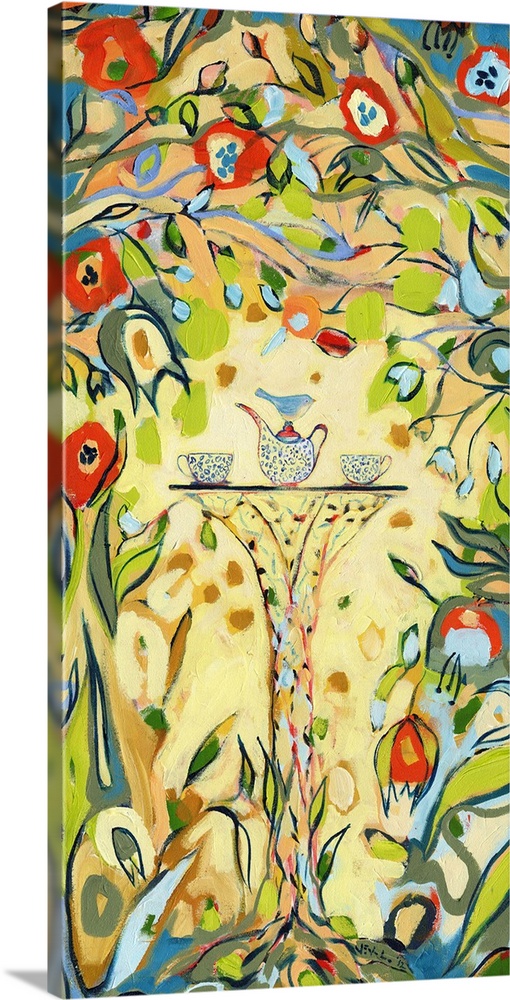 Whimsical painting of a bird sitting on a tea set on a table surrounded by bright flowers and vines.
