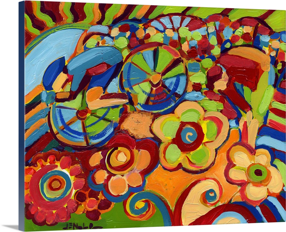This contemporary painting shows an abstract cyclist racing through a field of oversized stylized flowers. This painting m...