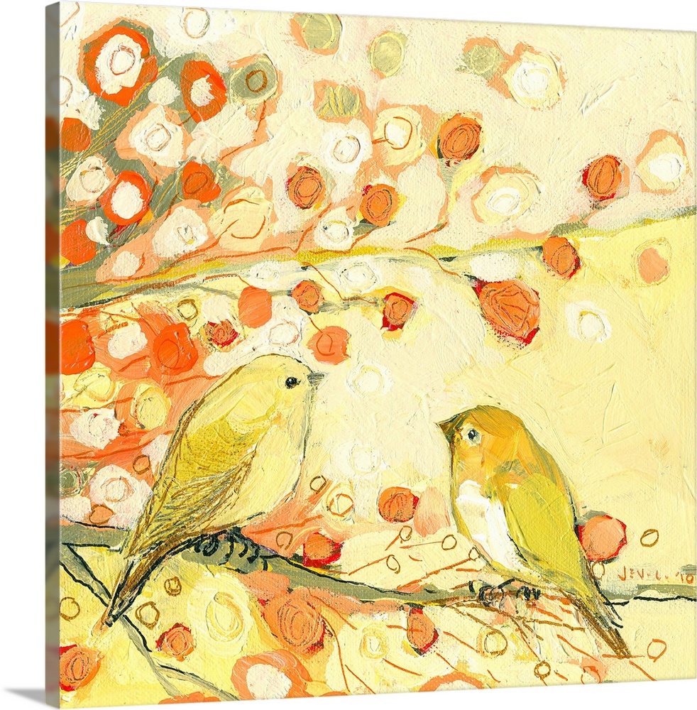 Big, square wall painting in warm and golden tones of two birds facing each other on a branch, another branch with circula...