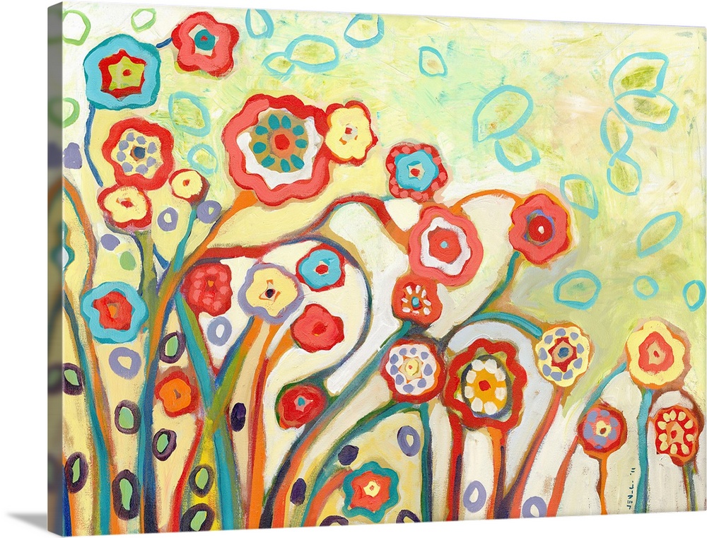 This horizontal wall art features stylized flowers created with energetic brush strokes in an abstract painting.