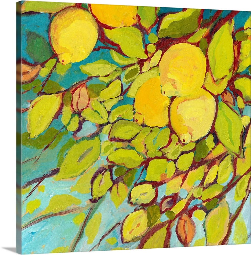 Contemporary painting of lemon tree with an up close view of the leaves and lemons.