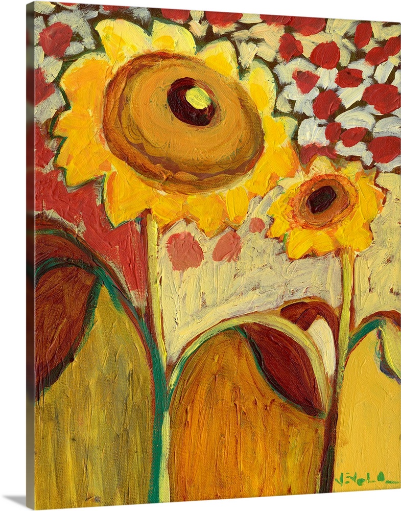 Big, vertical abstract painting of a sunflower field, the main focus being two large sunflowers in golden warm tones.