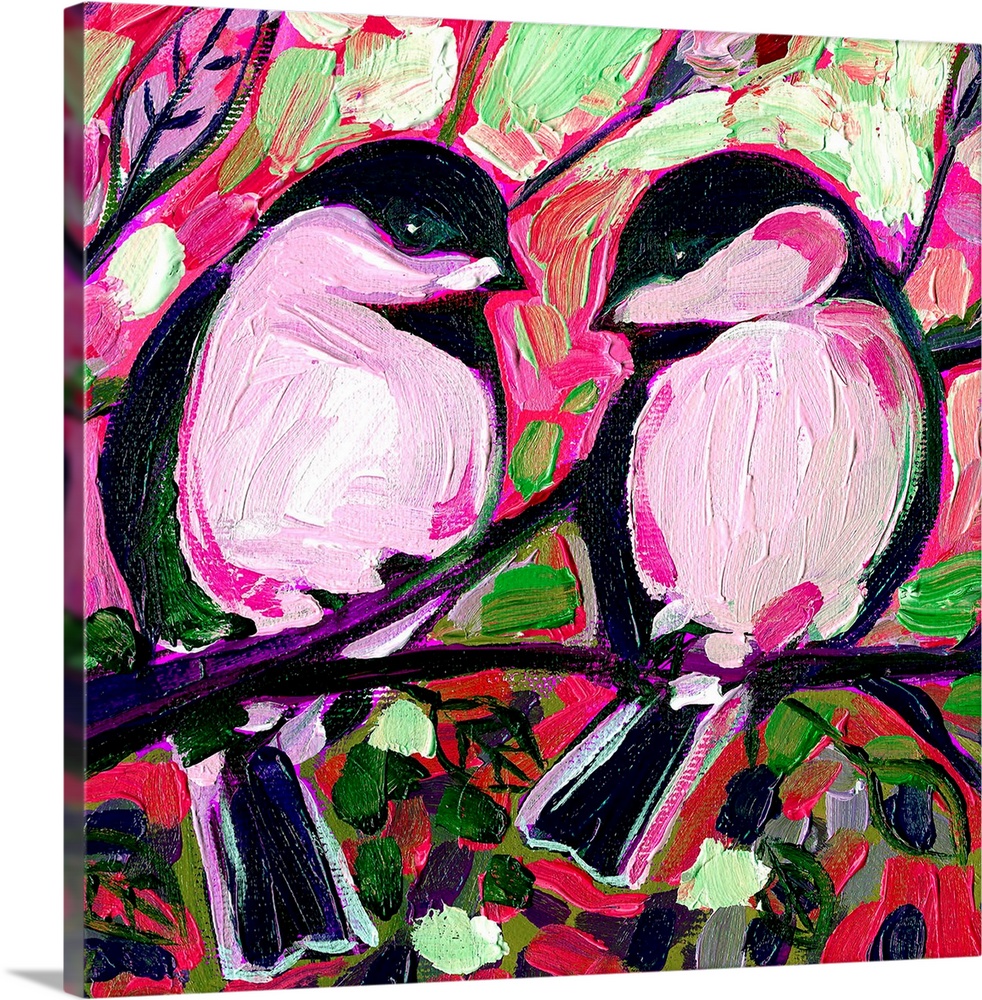 A painting of two birds sitting on a tree branch surrounded by vibrant colors and flowers.