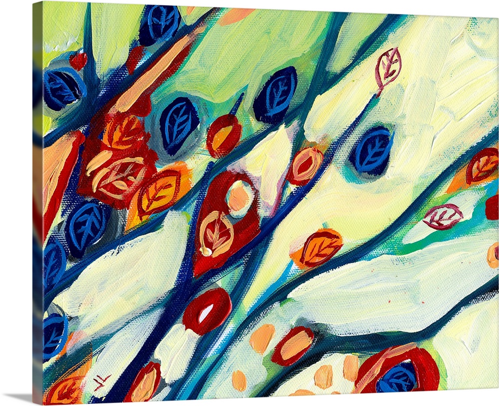 Large abstract painting featuring mutlicolored leaves and branches in a mix of cool and vibrant tones.