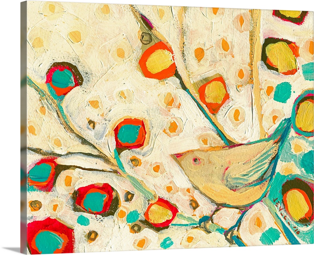 This abstract painting shows a stylized bird resting on braches filled with radiant floral shapes.