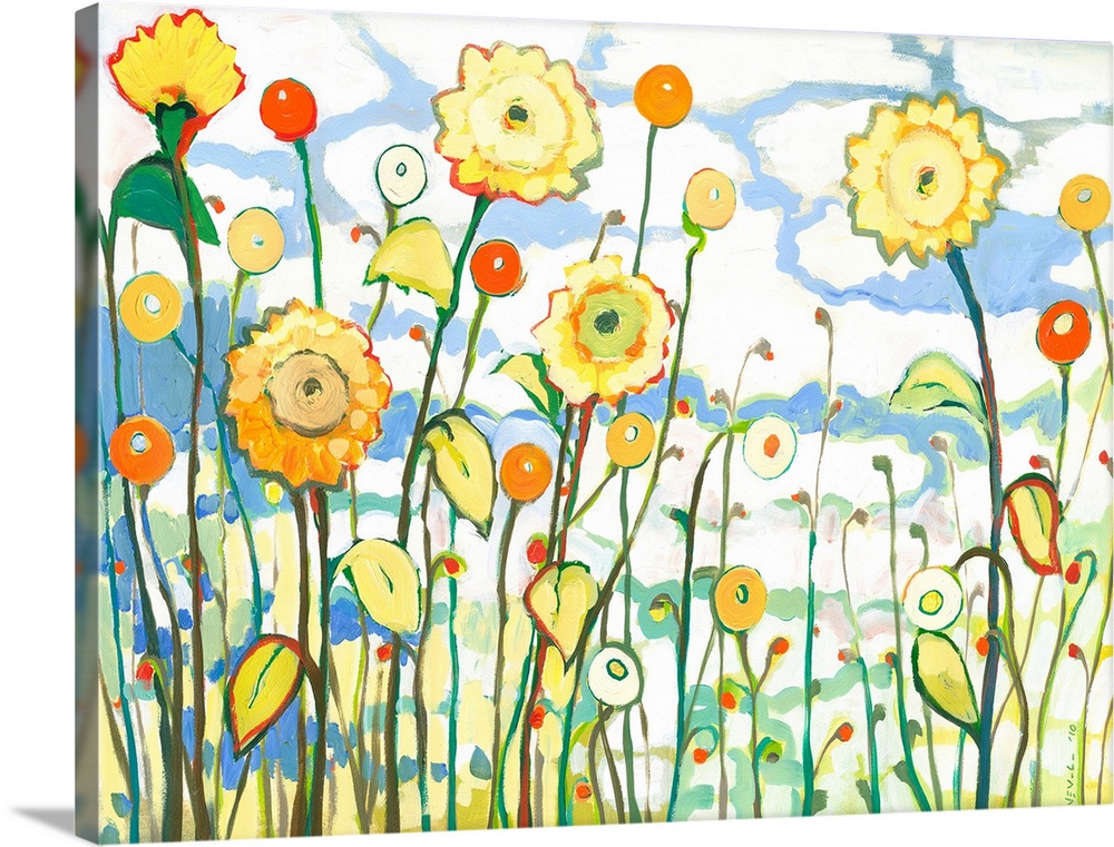 This contemporary painting shows abstract sunflowers and poppy pods growing in the bright sunlight.