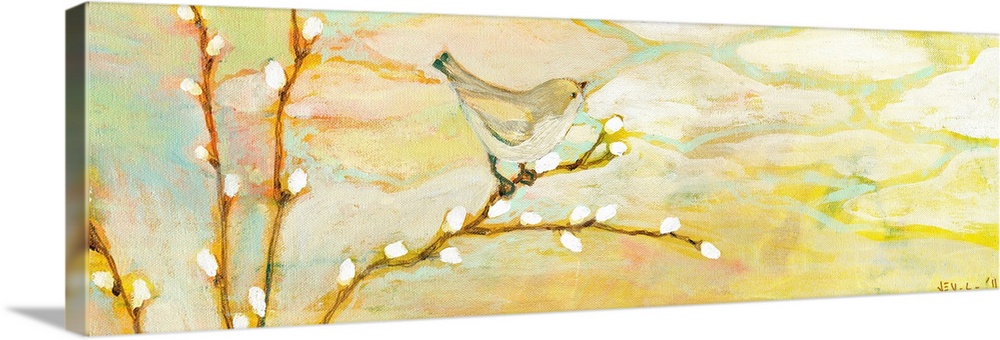 A wide panoramic painting of a bird sitting on a branch in spring.
