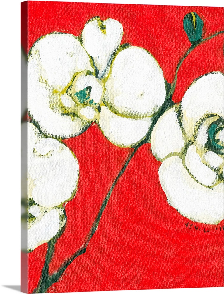 Abstract painting of three flowers on stems against a warm and bright background.