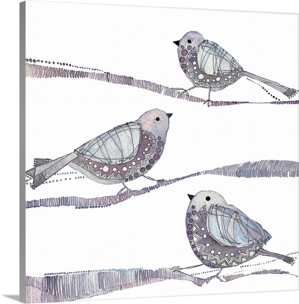 Watercolor illustration of three small lavender birds on branches.