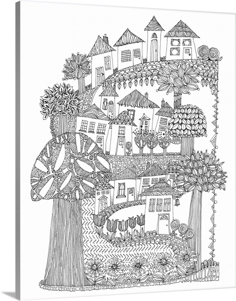 Black and white line art of a winding road with houses and trees.