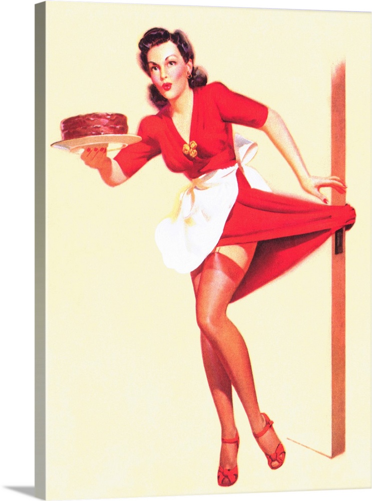 Vintage 50's pin-up girl holding a cake with her dress caught on the door knob.