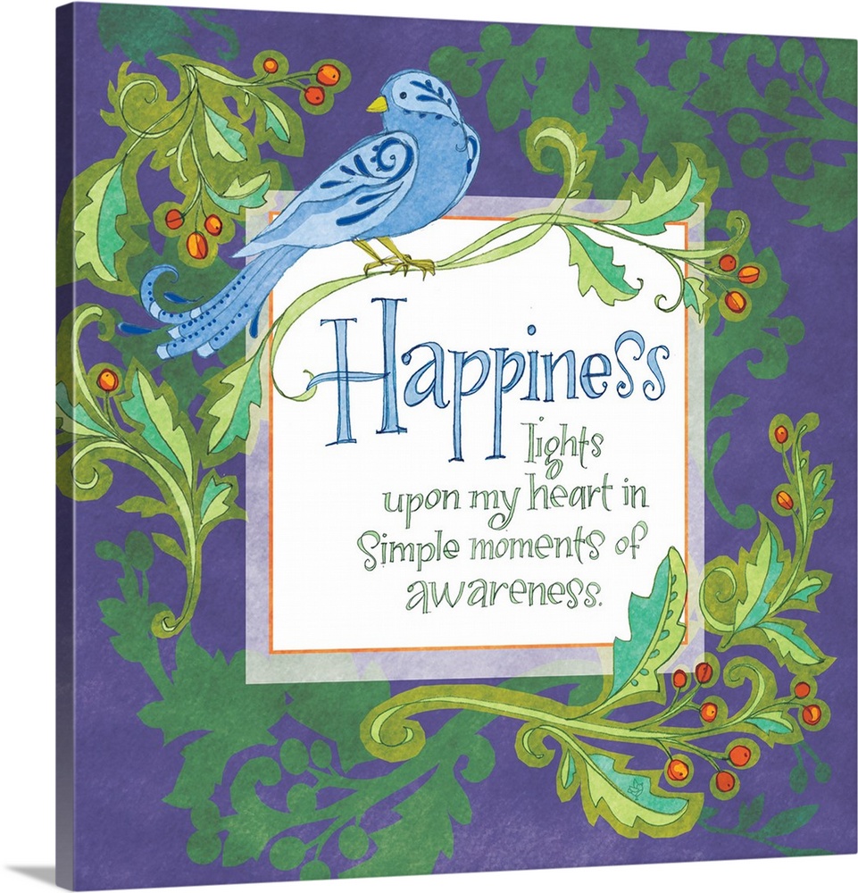 "Happiness lights upon my heart in simple moments of awareness," illustrated with a blue bird and holly branches.