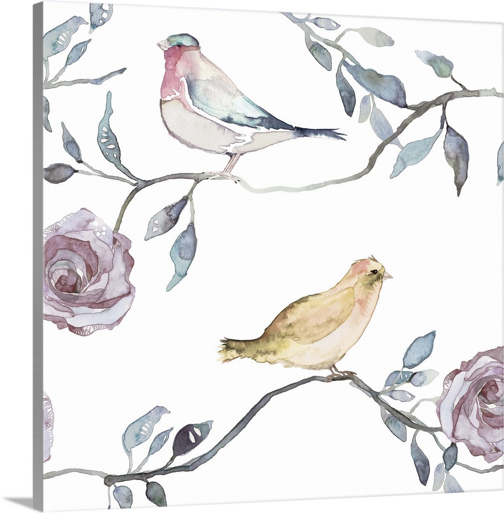 Contemporary watercolor painting of two small songbirds sitting on rose stems.