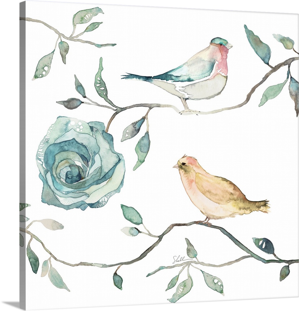 Hand painted watercolor painting of two birds on branches with roses and leaves