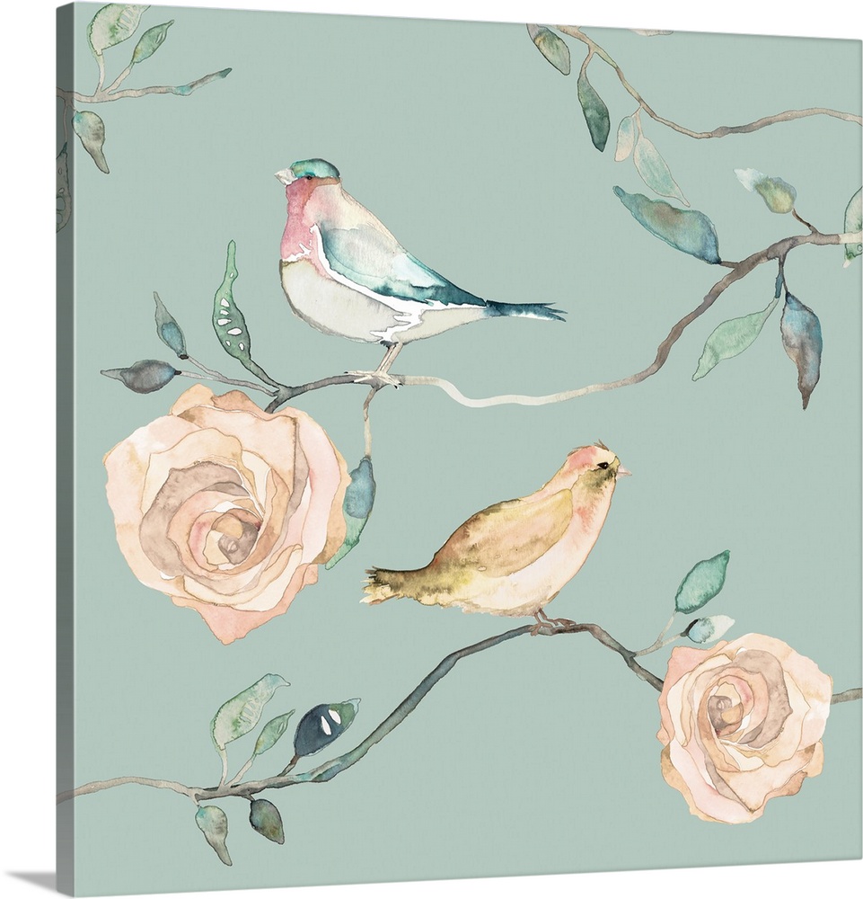 Watercolor artwork of two songbirds perched on the stems of roses.