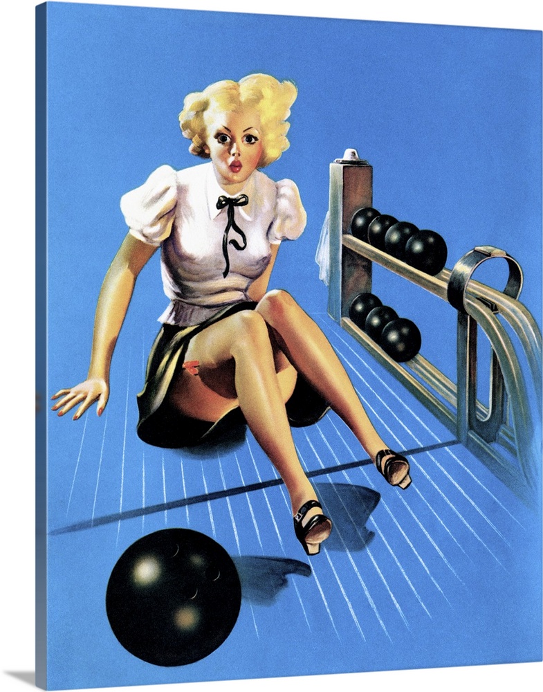 Vintage 50's illustration of a young woman with a bowling ball, sitting in the lane.
