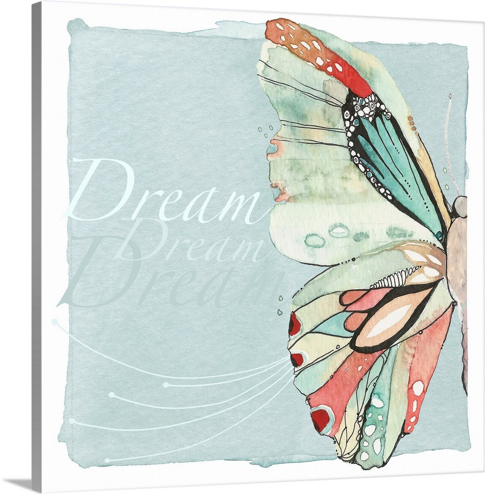 Decorative watercolor painting of a colorful butterfly with the word "Dream" repeated in the background.
