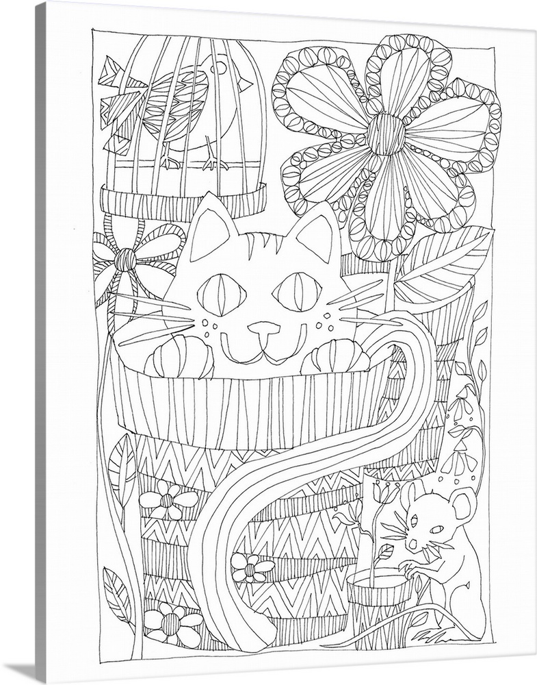 Black and white line art of a cat hiding in a flowerpot with a bird cage in the background.