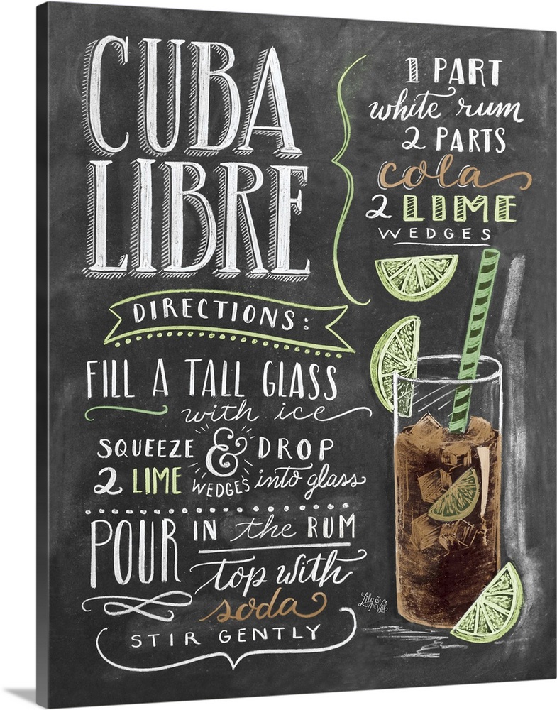 Handlettered recipe for a Cuba Libre cocktail with the appearance of a chalkboard drawing.