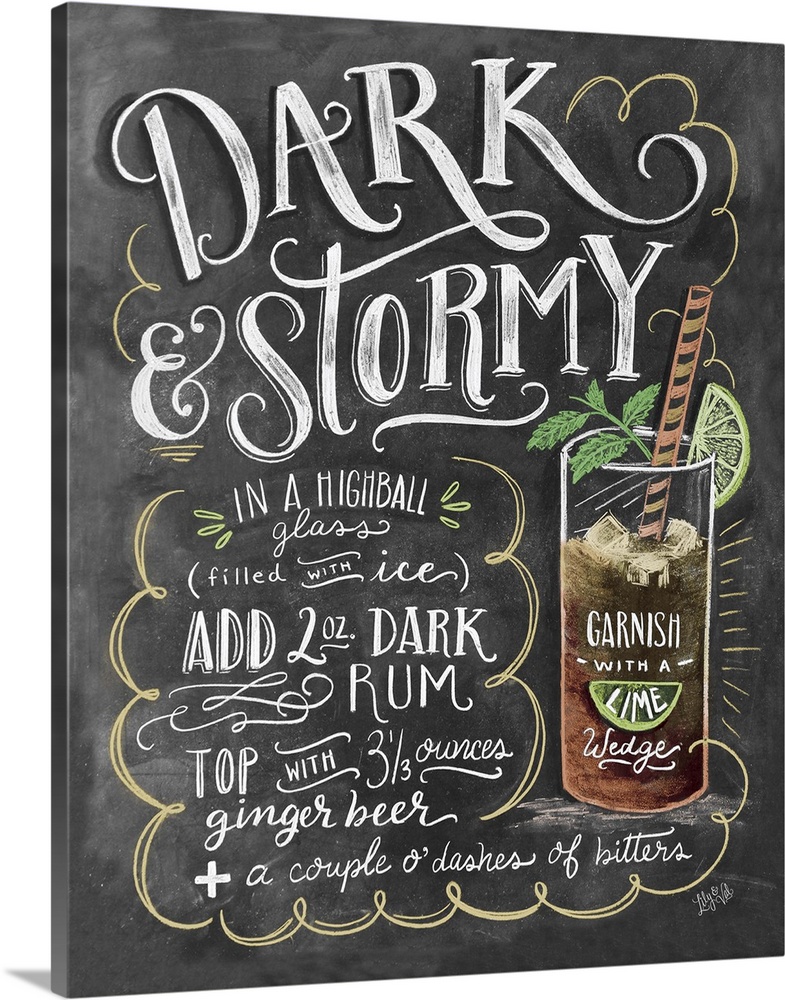Handlettered recipe for a Dark and Stormy cocktail with the appearance of a chalkboard drawing.