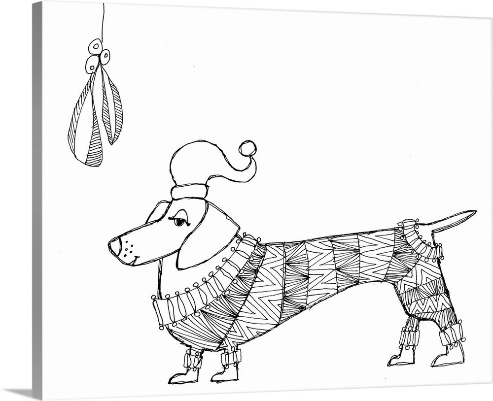 Black and white line art of a dachshund in a patterned sweater under the mistletoe.