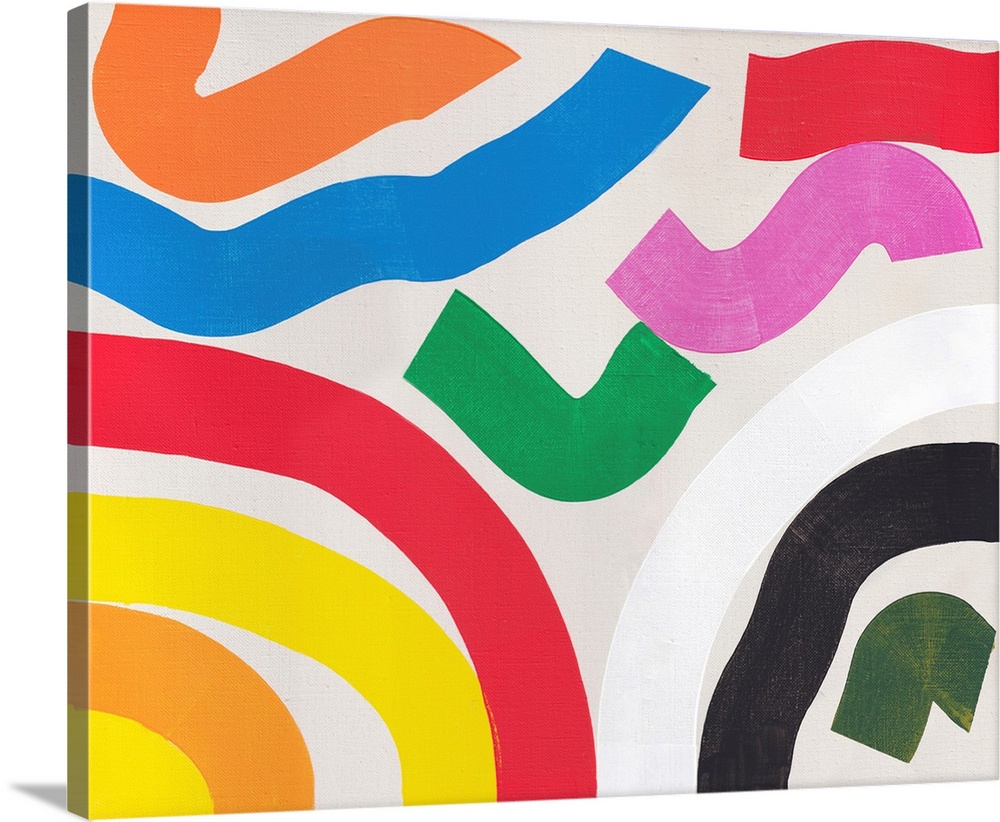 A bright modern abstract painting featuring squiggly lines in primary colors