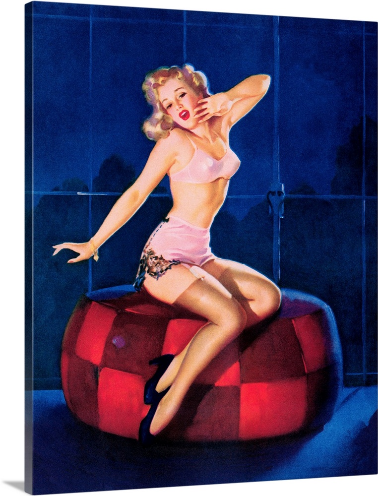 Vintage 50's illustration of a young woman in lingerie stretching on a cushion.