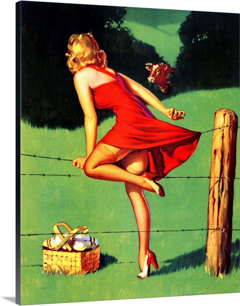 Vintage 50's illustration of a young woman climbing over a fence.