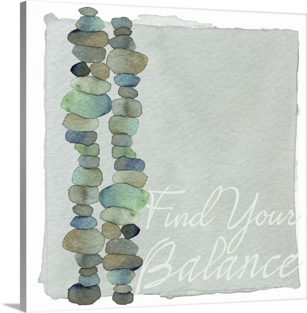 Decorative watercolor painting of two stacks of round stones in blue and green shades with the words "Find your balance."