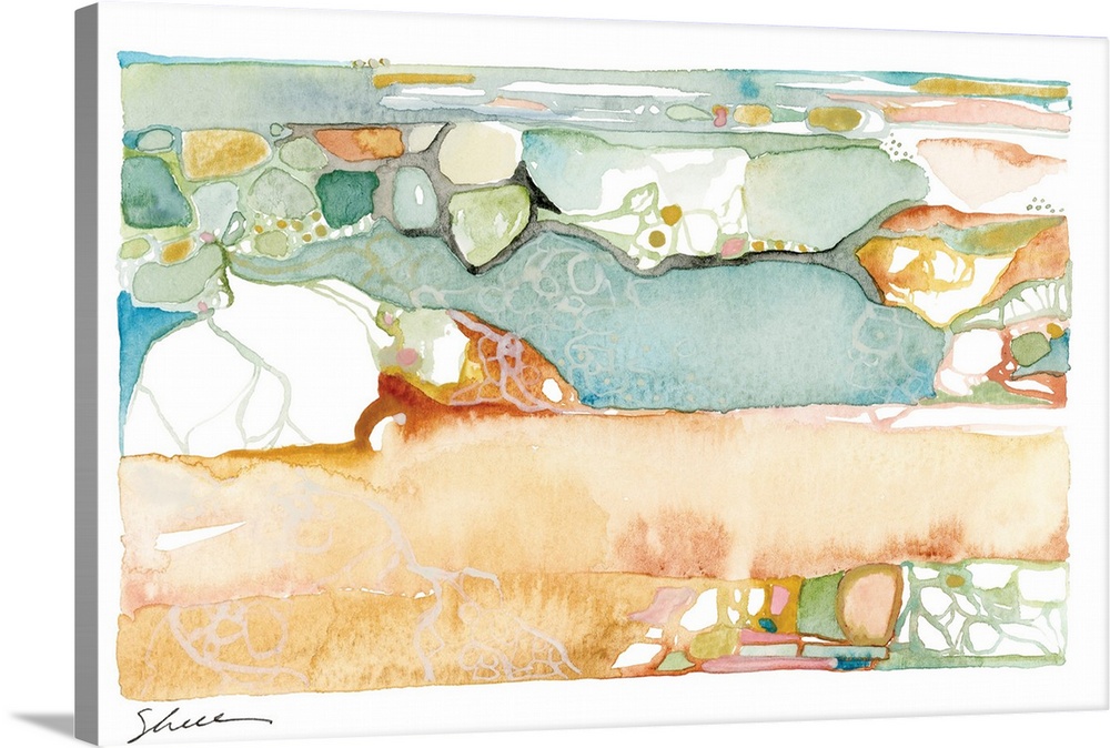 Watercolor seascape painting of the ocean shore line with rocks and shells