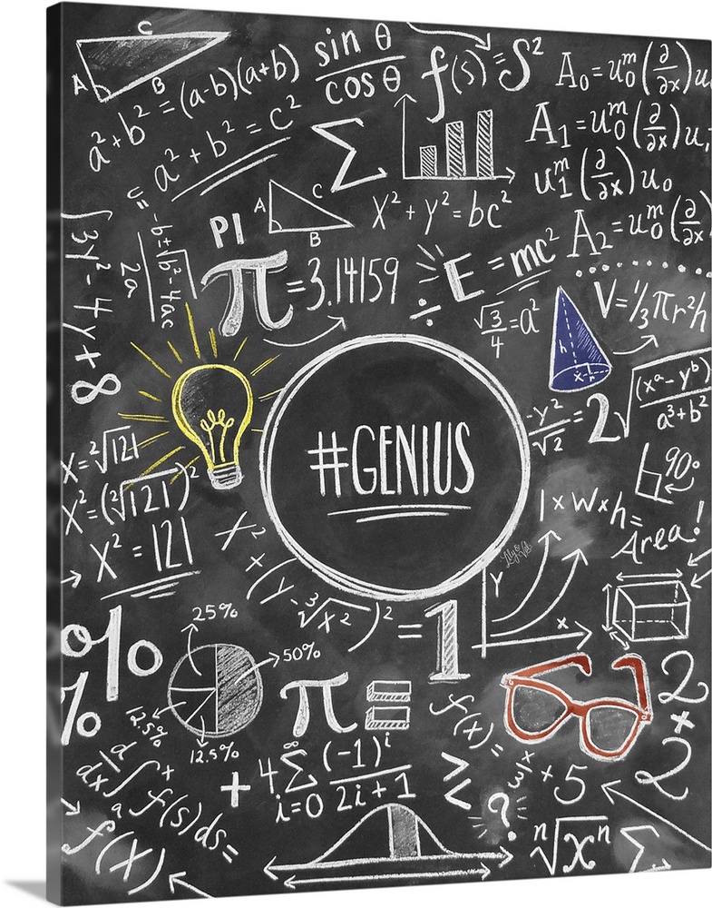 "Genius" surrounded by formulas and equations, handwritten in white chalk.