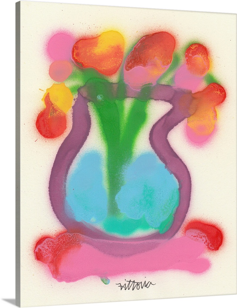 A contemporary painting of a vase of flowers done with spray paint and a very simple but effective approach
