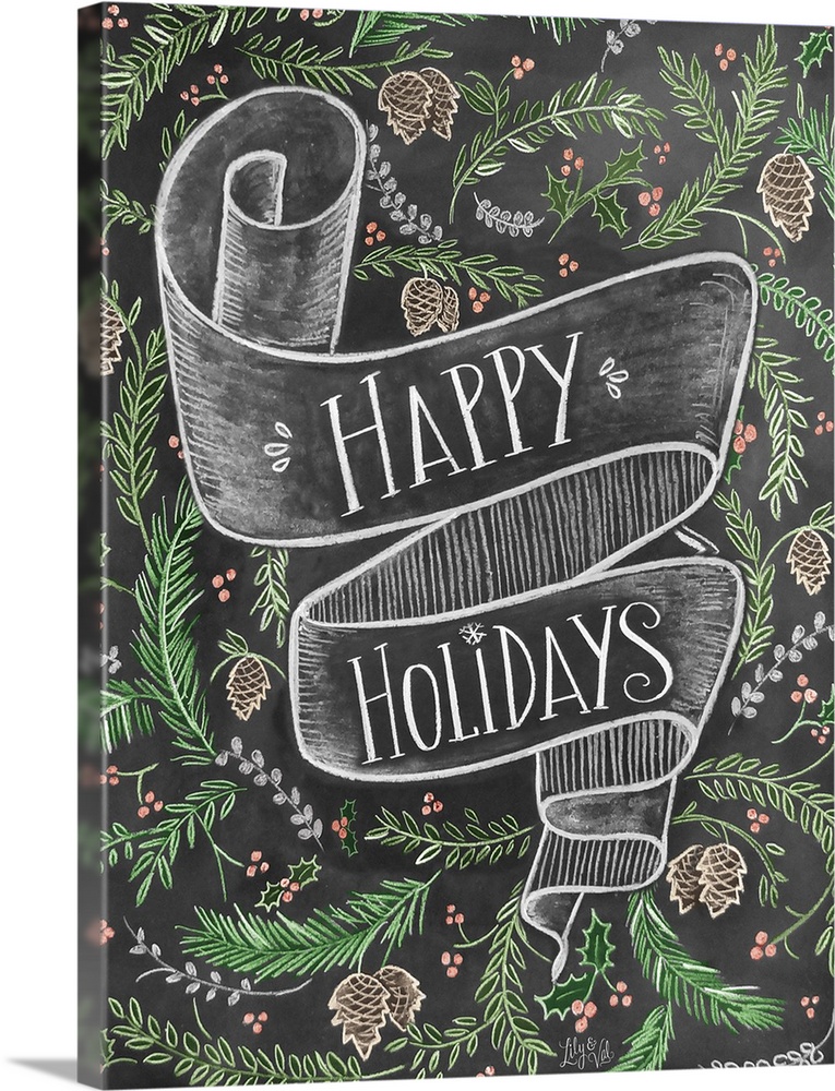 "Happy Holidays" handwritten on a banner and surrounded by pinecones and branches.