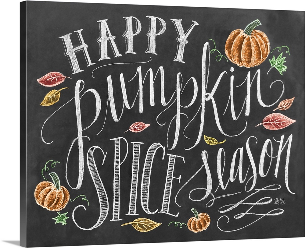 "Happy pumpkin spice season" handwritten and illustrated with leaves and pumpkins.