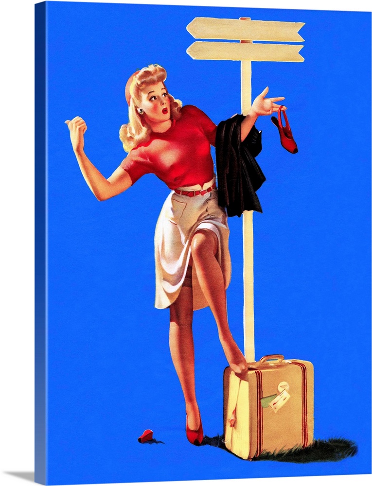 Vintage 50's illustration of a young woman hitchhiking by a signpost.