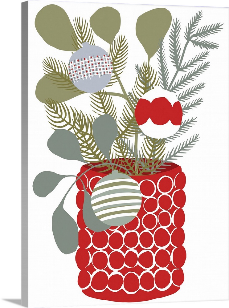 A minimal contemporary illustration of holiday greenery and ornaments in a red vase that would be the perfect accent for m...