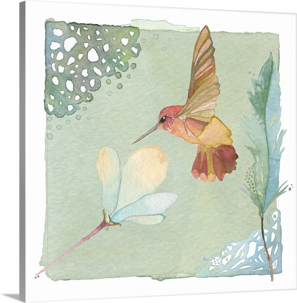 Contemporary watercolor painting of a hummingbird feeding at a flower, in pastel tones.