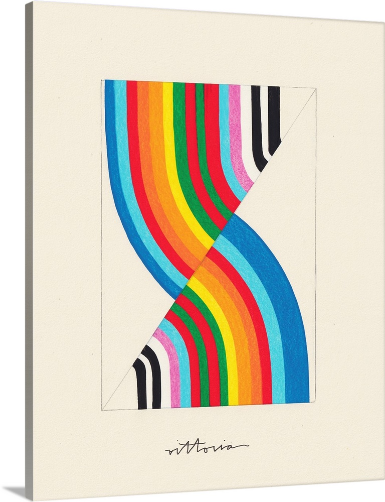 An abstract contemporary painting of two mirrored rainbow arcs in a mid-century modern style